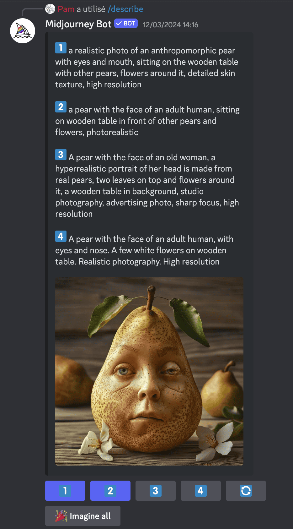La fonction Describe appliquée à l'image d'une poire au visage humain
