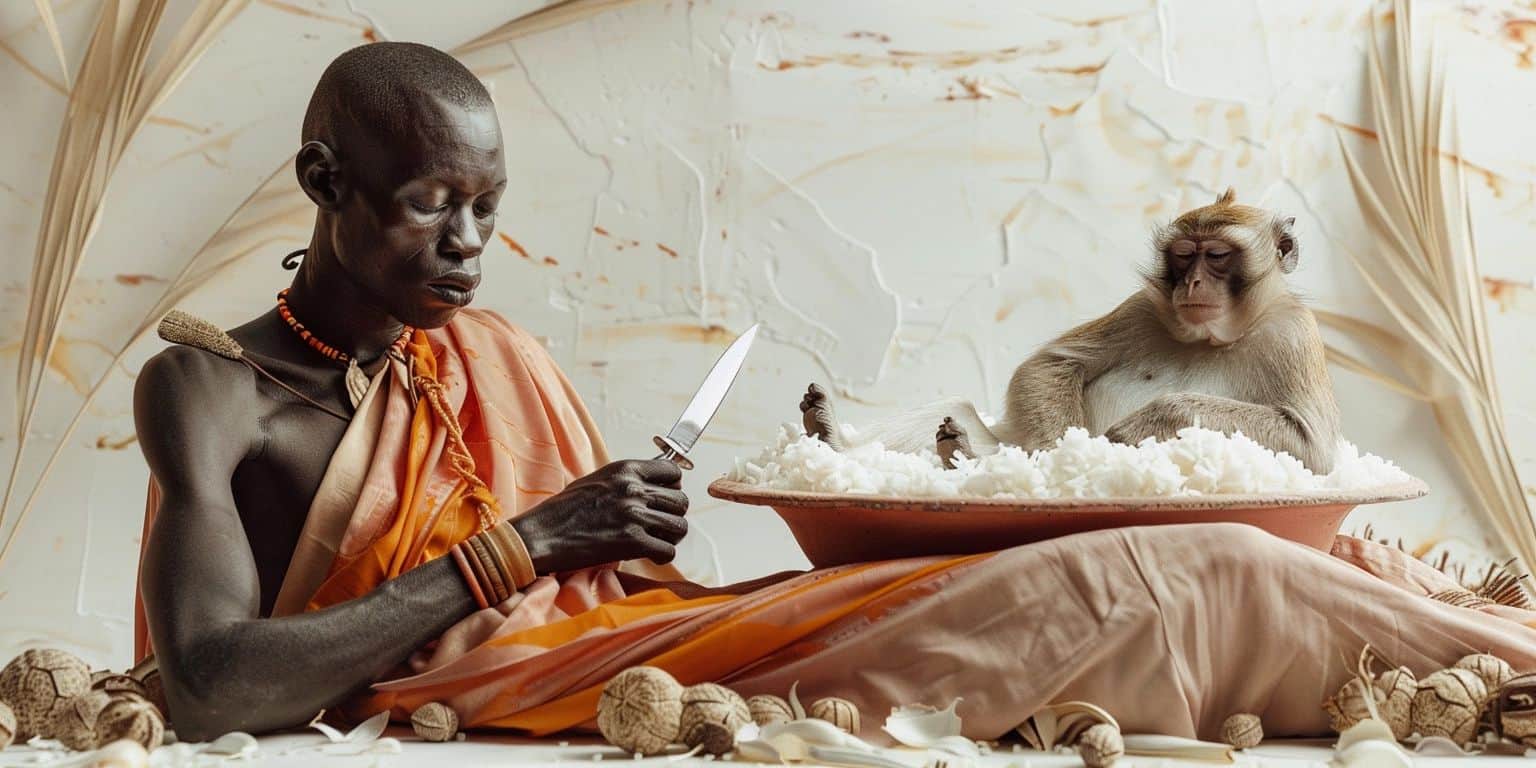 Un africain mange un singe et du riz Un africain mange un singe et du riz