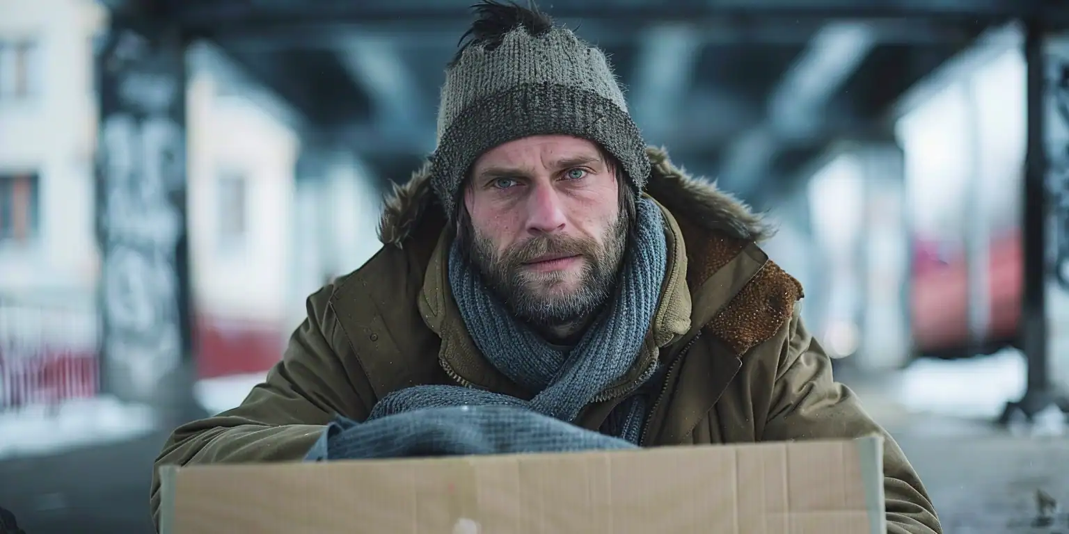 homme pauvre carton pont