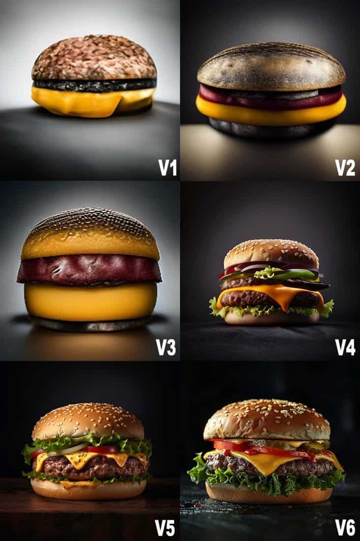 burger v1 a v6 midjourney versions