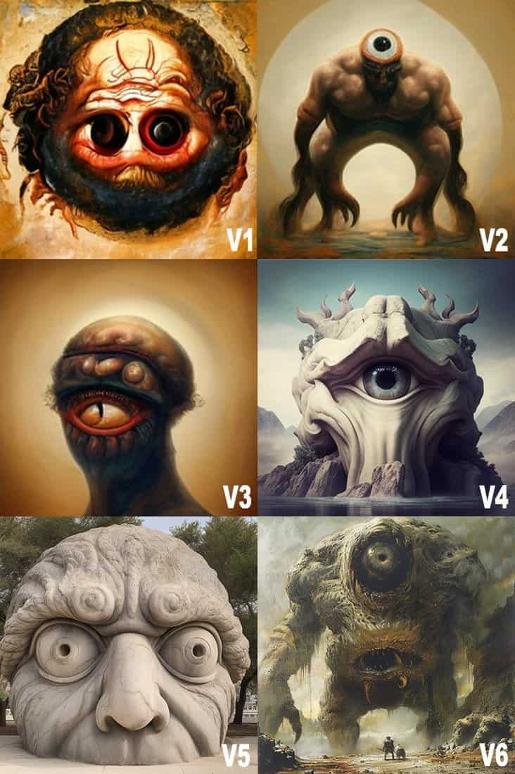 cyclope v1 a v6 midjourney versions