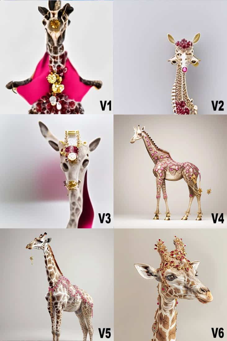 girafe v1 a v6 midjourney versions