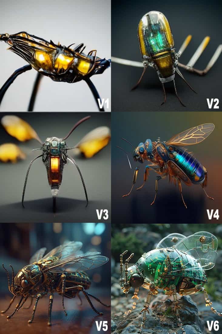 insecte v1 a v6 midjourney versions
