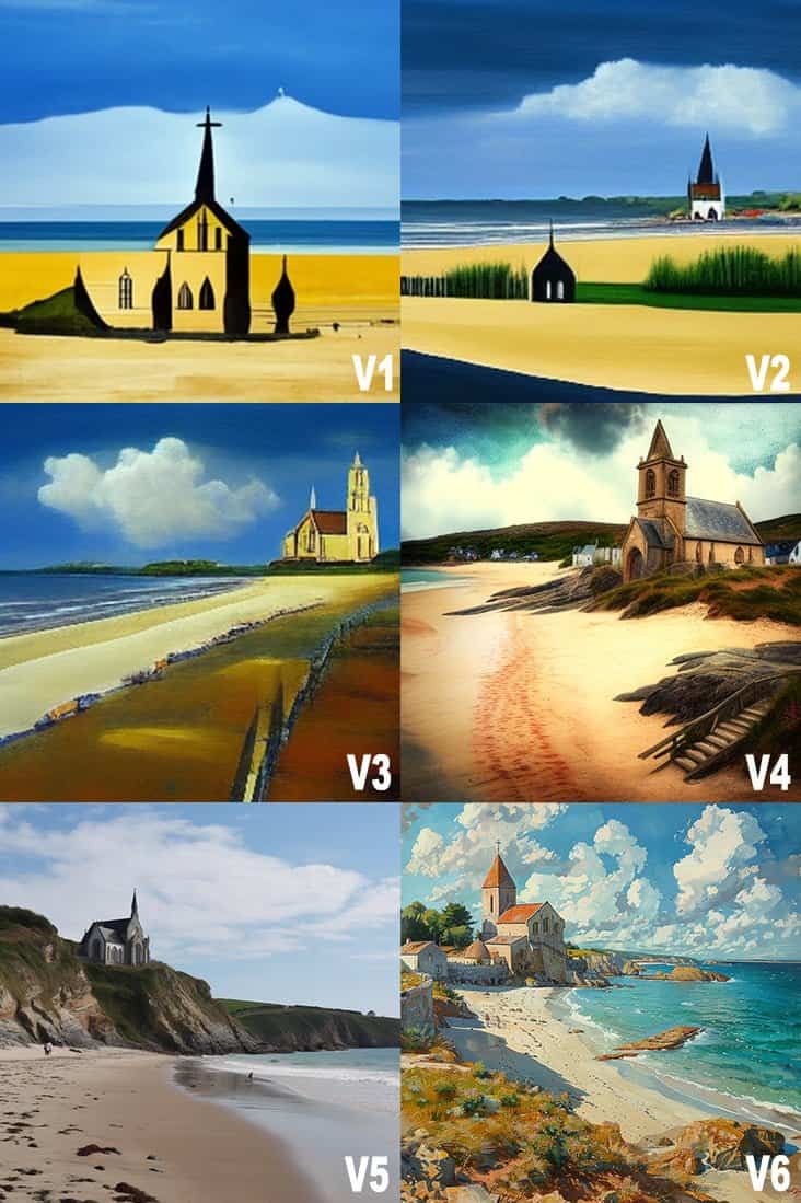 plage v1 a v6 midjourney versions
