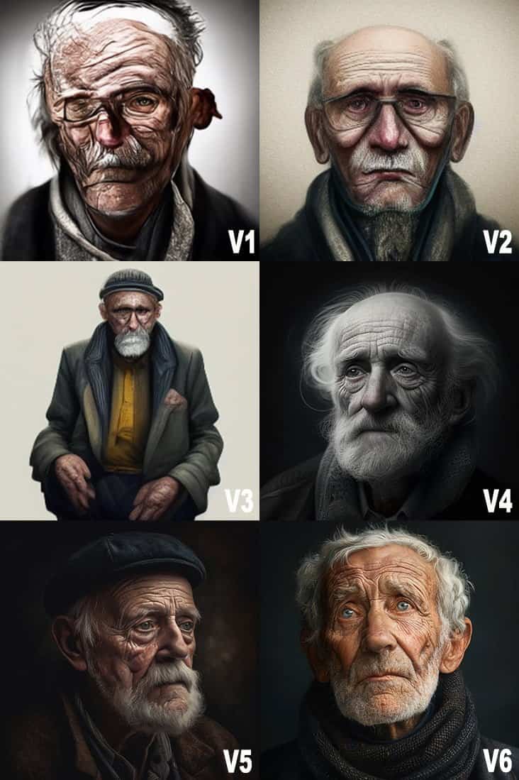 portrait v1 a v6 midjourney versions