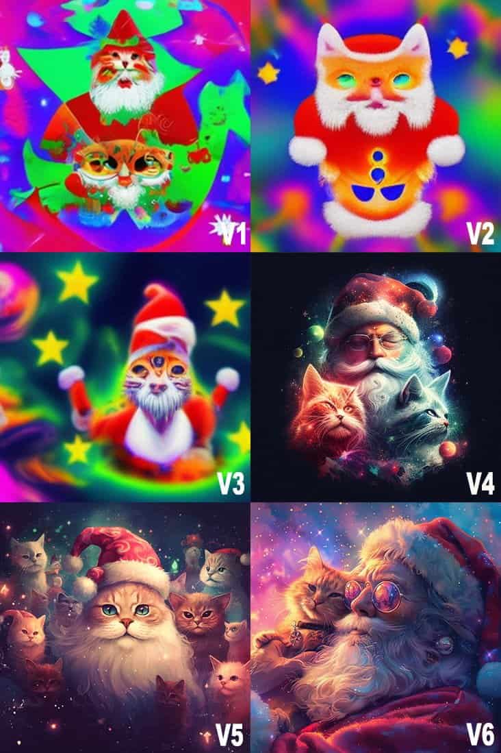 santa v1 a v6 midjourney versions