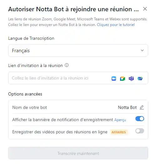 Autoriser Notta a rejoindre une reunion Autoriser Notta à rejoindre une réunion