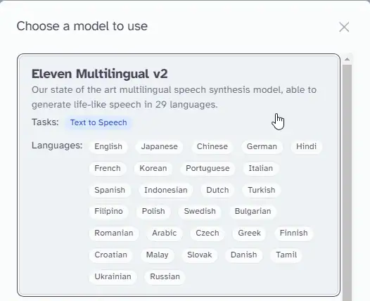 Choix du modele Eleven Multilingual v2 Choix du modèle Eleven Multilingual v2