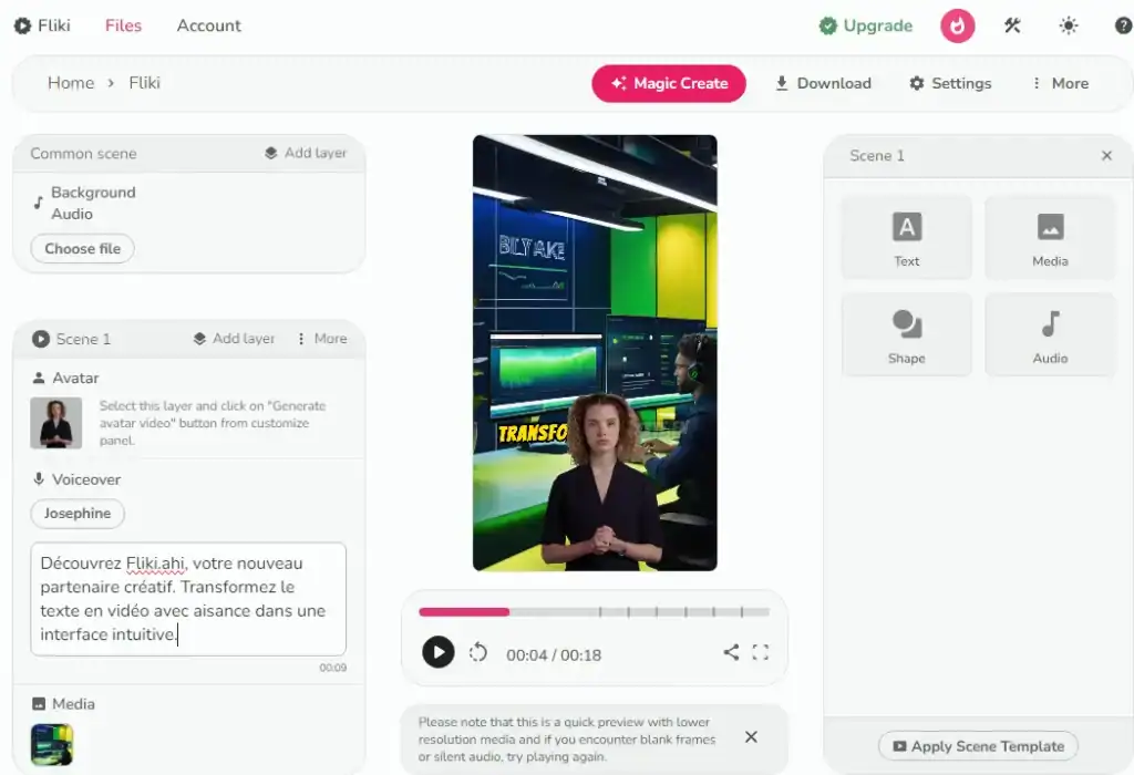 Interface de creation video avec Fliki Interface de création vidéo avec Fliki.ai