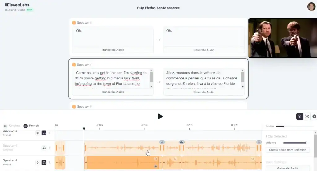 Interface du dubbing studio d ElevenLabs Interface du dubbing studio d'ElevenLabs