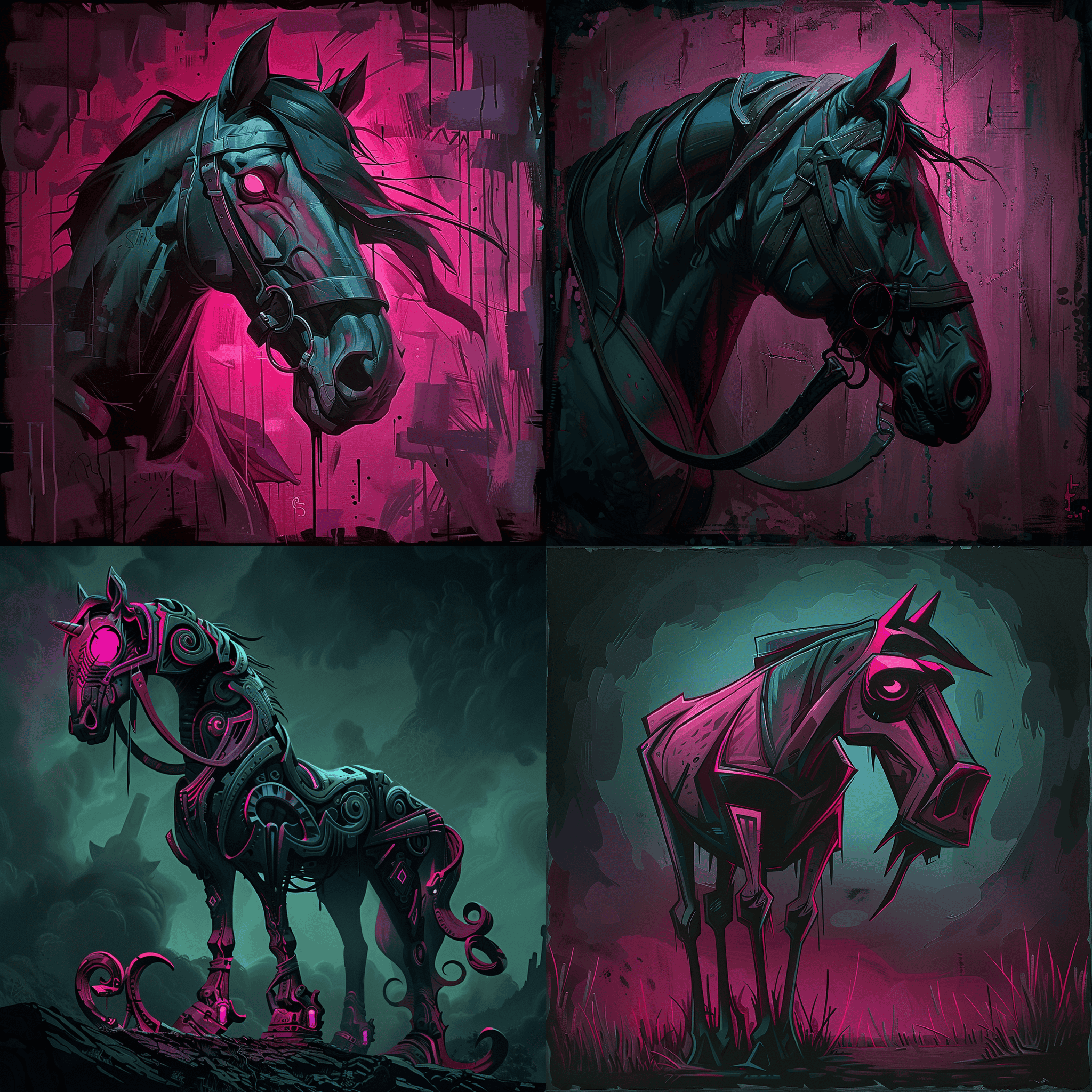 Cheval vert et fuchsia