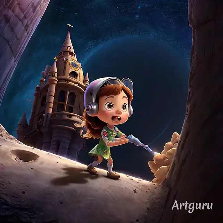 Artguru Cartoon petite fille astronaute sur la lune Artguru Cartoon klein meisje astronaut op de maan