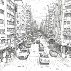 Croquis a lencre grande ville Inktschets - grote stad