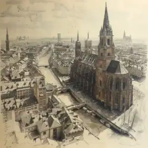 Dessin au fusain Strasbourg en perspective Houtskooltekening - Straatsburg kathedraal in perspectief