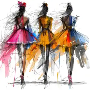 Dessin de mode 3 mannequins colorees Modeontwerp 3 kleurrijke modellen