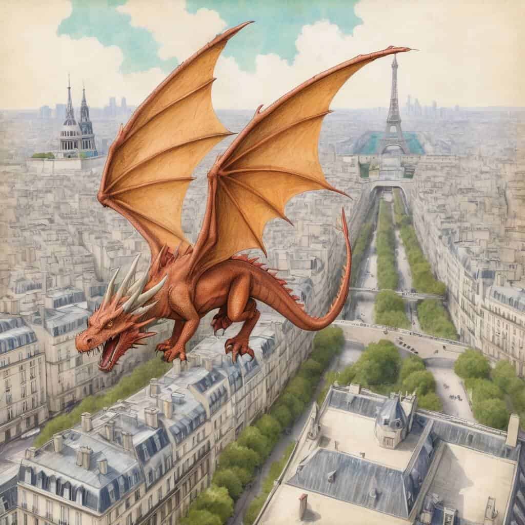 Dessin en couleur un dragon a Paris Kleurenschets - een draak in Parijs