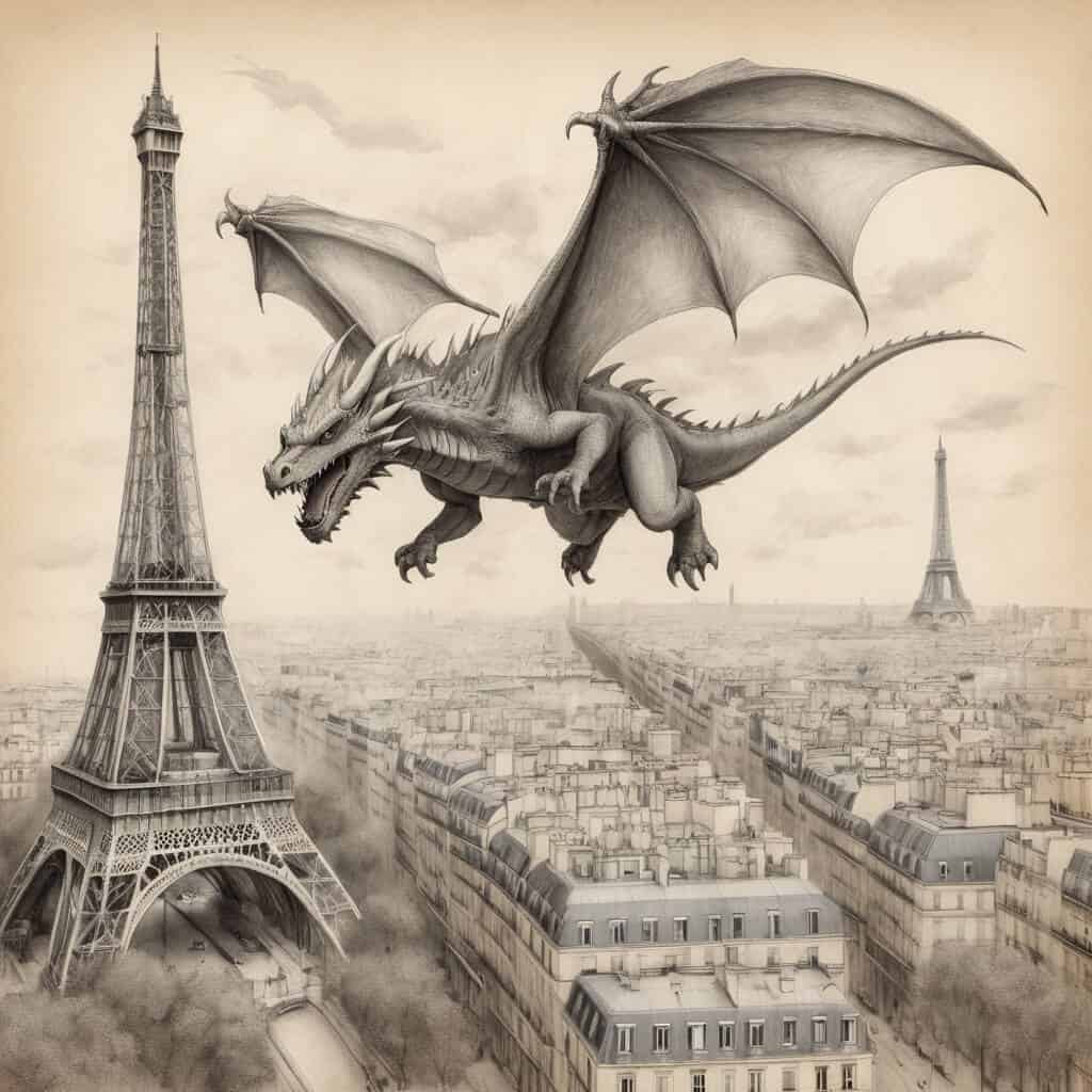 Dessin noir sur blanc un dragon a Paris Zwart op wit tekening - een draak in Parijs