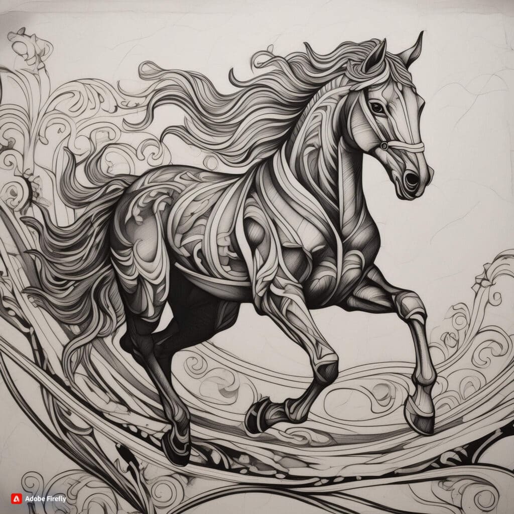 Firefly Esquisse au fusain cheval au galop Firefly - Houtskoolschets van een galopperend paard