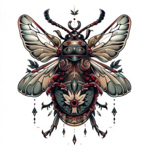 Midjourney Tatouage insecte couleur noir vert rouge Midjourney - Zwart groen rood insect tattoo