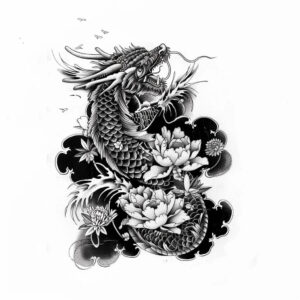 Midjourney Tatouage noir dragon et fleurs Midjourney - Zwarte draak en bloemen tattoo