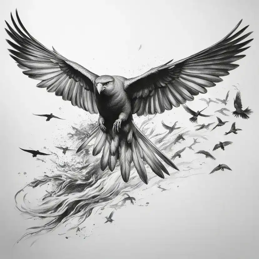 TattooDesignPro Tatouage aigle et oiseaux noir et gris TattooDesignPro Tatouage aigle et oiseaux noir et gris
