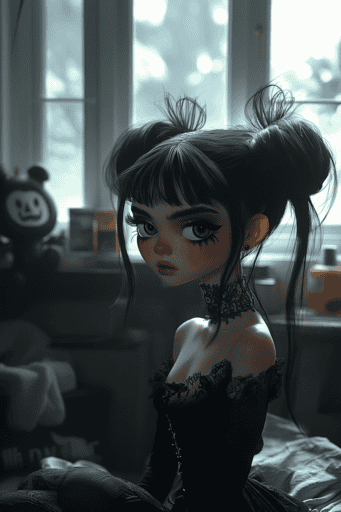 Illustration jeunesse enquetrice gothique chez elle e1727182394879 Kinderillustratie van een gothic onderzoeker in haar eigen huis