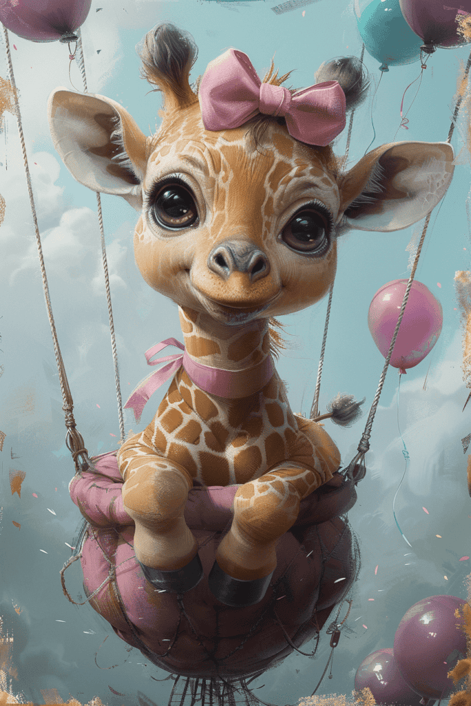 Illustration petite girafe en montgolfiere Illustration petite girafe en montgolfière