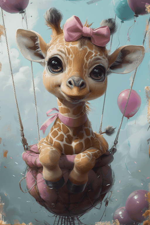 Illustration petite girafe en montgolfiere e1727182481531 Illustratie van een kleine giraffe in een heteluchtballon