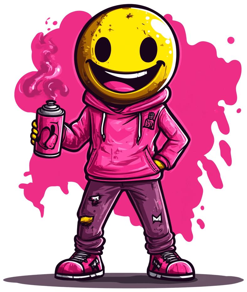 Mascotte smiley pour vendeur de bombes de peinture e1727181721226 Mascotte met smiley voor spuitbusverkoper
