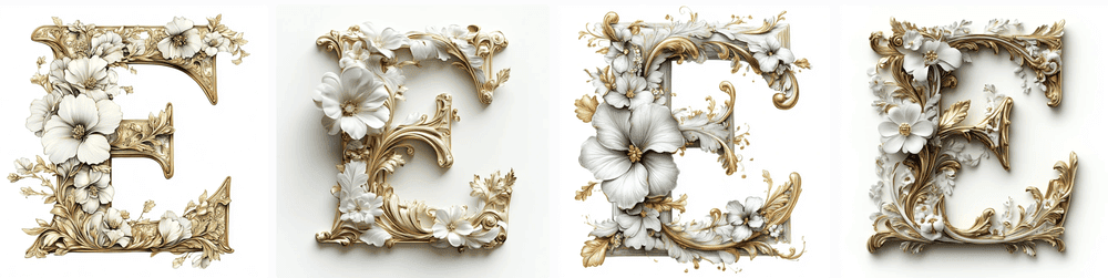Lettre E fleuri baroque or blanc Midjourney