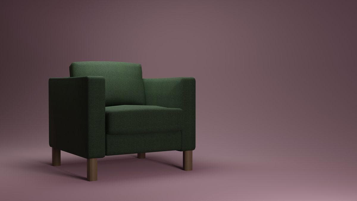 rendu 3d fauteuil Rendu 3D photoréaliste d'un fauteuil vert sur fond mauve, présenté comme un visuel produit de studio