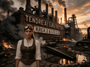Femme en tenue steampunk devant une usine en briques portant l'enseigne tendre.AI LoRA Factory, image générée par IA
