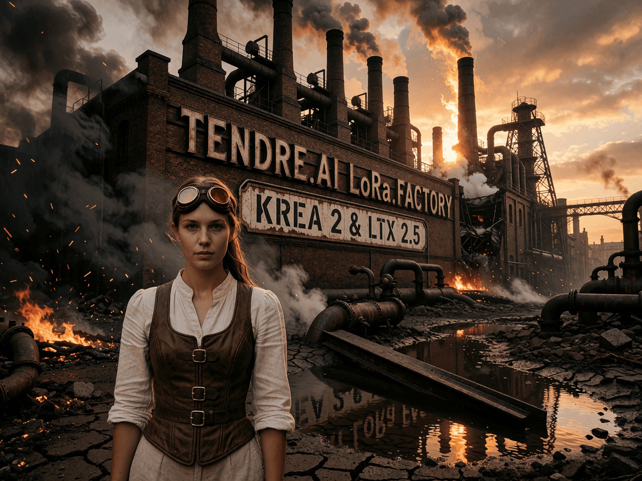 generateur video Femme en tenue steampunk devant une usine en briques portant l'enseigne tendre.AI LoRA Factory, image générée par IA